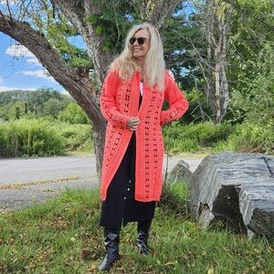 Hand Crafted New Crochet Long Wool-Blend Coral Open Cardigan Sweater, Large, $85